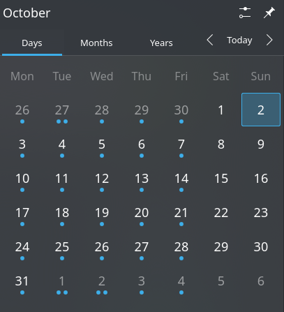 KDE Plasma clock+calendar applet screenshot